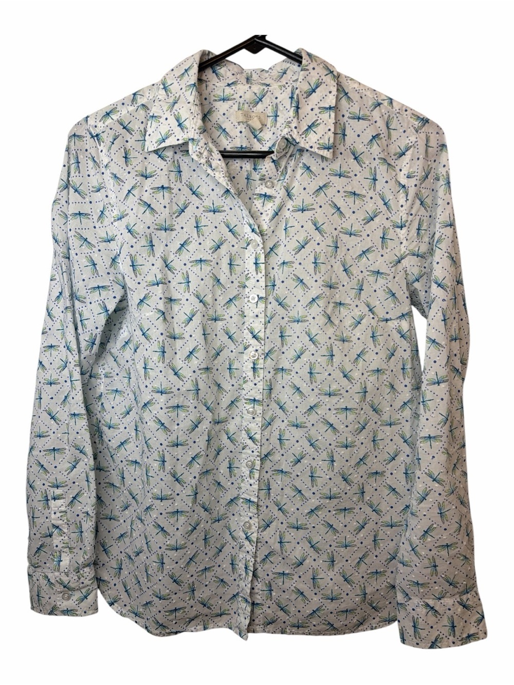 Talbots White Button-Down Shirt with Blue & Green Dragonfly Print